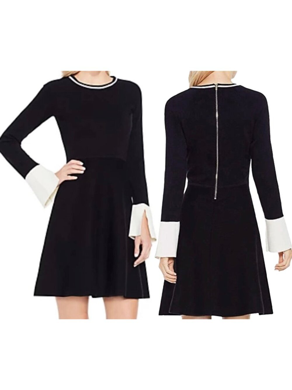Vince Camuto Flare Dress Womens Size XS Black White Split Cuffs Neckline Trim